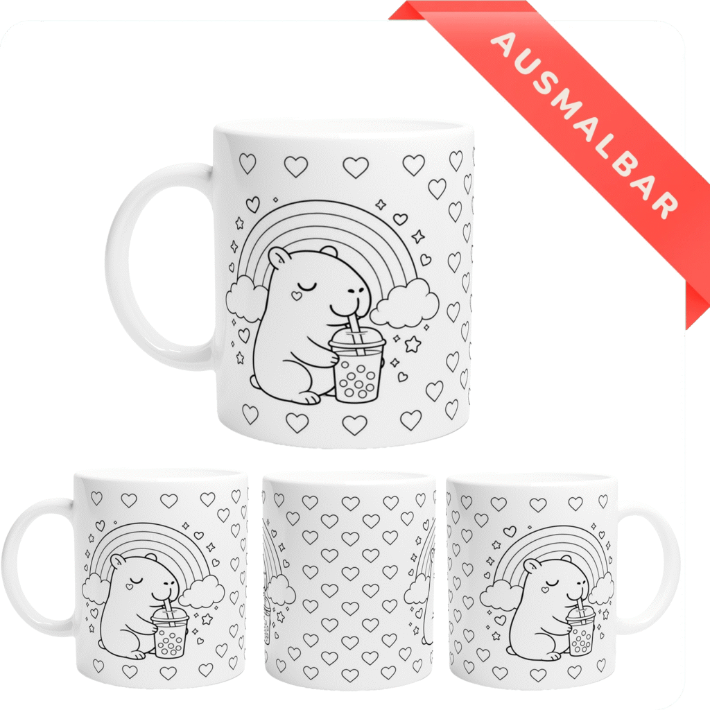 Capybara BubbleTea Herzen Ausmalbare Tasse