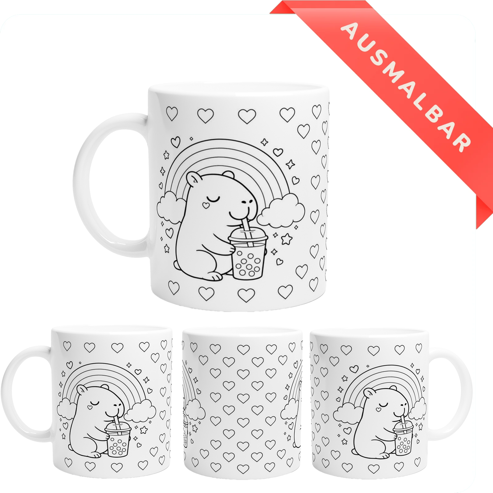 Capybara BubbleTea Herzen Ausmalbare Tasse