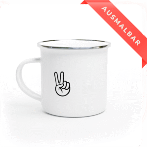 Hochwertige Emaille-Tasse mit ausdrucksstarkem, ausmalbarem Peace-Handzeichen