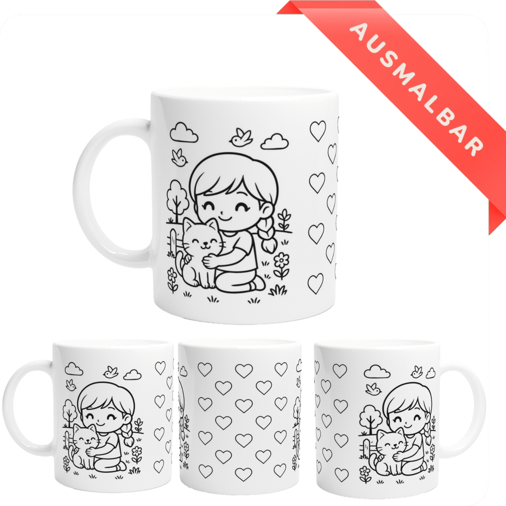 Katze Maedchen Herz Ausmalbare Tasse