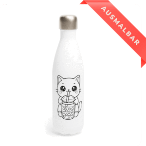 Trinkflasche „Katze mit Bubble Tea“ im Kawaii Stil,  500 ml: Ausmalbar