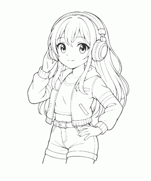 Ausmalbild Anime Mädchen mit Kopfhörern als kreative Malvorlage