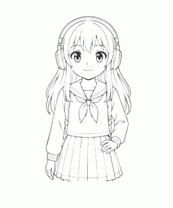 Ausmalbild Anime Schulmädchen mit Kopfhörern als kreative Malvorlage