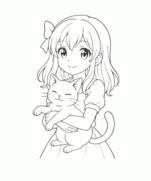 Ausmalbild Mädchen mit Katze als kreative Malvorlage
