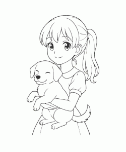 Ausmalbild Mädchen mit Hund als kreative Malvorlage