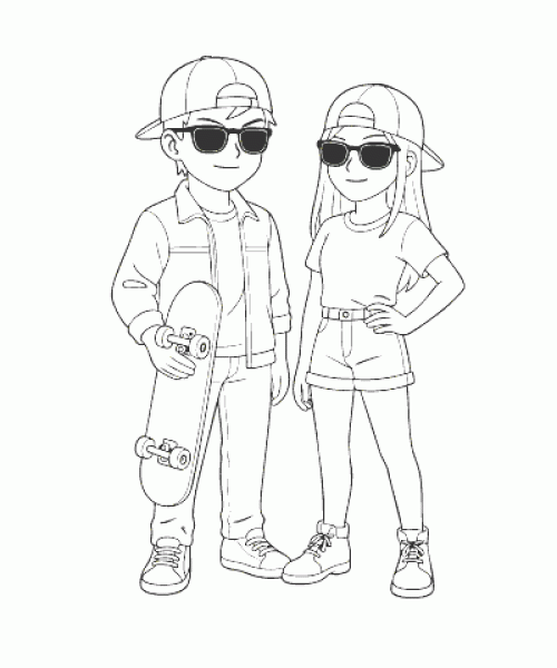 Ausmalbild Skater Duo als kreative Malvorlage