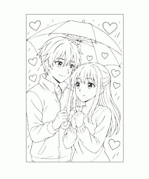 Ausmalbild Paar unter Schirm als kreative Malvorlage