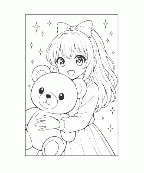 Ausmalbild Mädchen mit Teddy als kreative Malvorlage