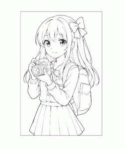 Ausmalbild Mädchen mit Kamera als kreative Malvorlage
