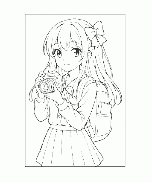 Ausmalbild Mädchen mit Kamera als kreative Malvorlage