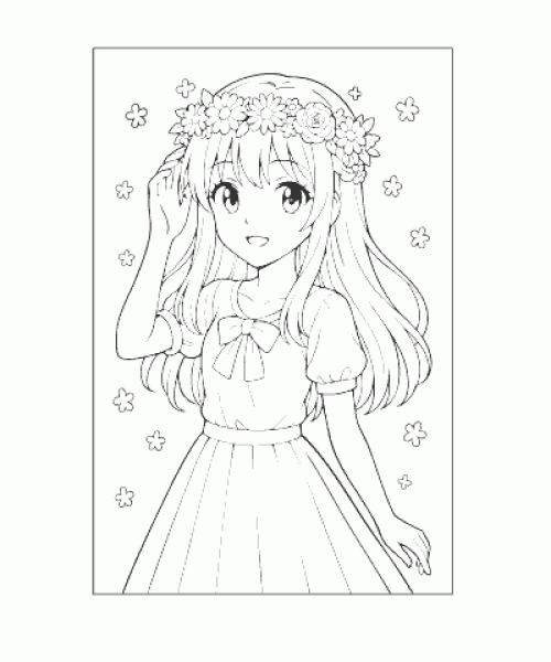 Ausmalbild Mädchen mit Blumenkranz als kreative Malvorlage