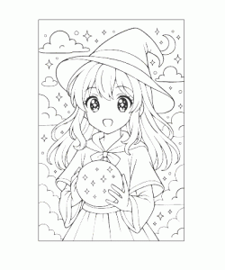 Ausmalbild Hexe mit Kristall als kreative Malvorlage