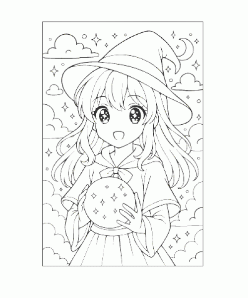 Ausmalbild Hexe mit Kristall als kreative Malvorlage