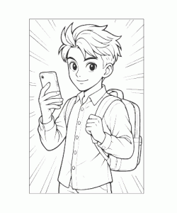 Ausmalbild Junge mit Smartphone als kreative Malvorlage