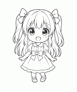 Ausmalbild Anime Mädchen mit Schleifen und Kleid