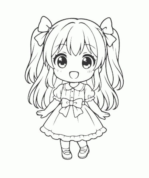 Ausmalbild Anime Mädchen mit Schleifen und Kleid