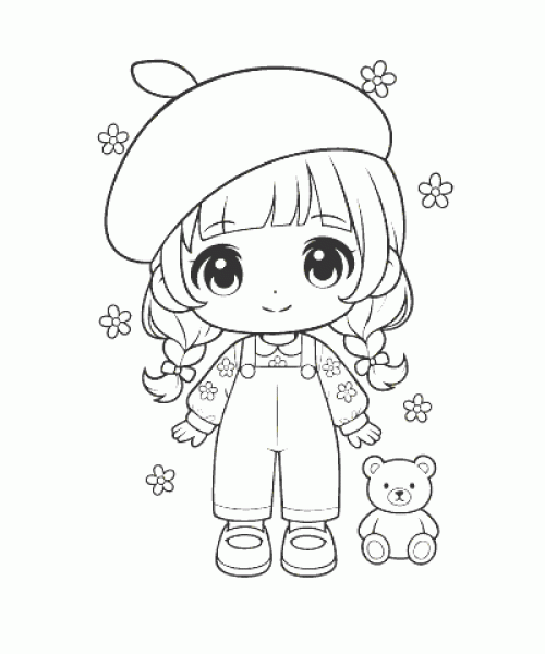 Ausmalbild Anime Mädchen mit Teddy und Blumen