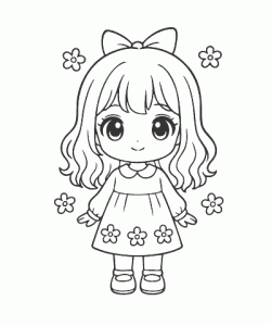 Ausmalbild Anime Mädchen mit Blumen im Kleid