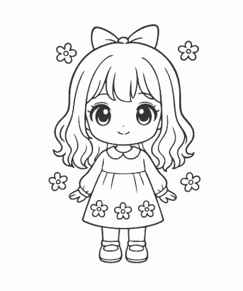 Ausmalbild Anime Mädchen mit Blumen im Kleid