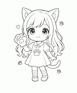Ausmalbild Anime Mädchen mit Katzenohren Kostüm