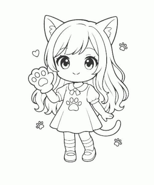 Ausmalbild Anime Mädchen mit Katzenohren Kostüm