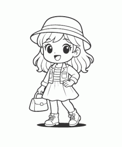 Ausmalbild Anime Mädchen mit Hut und Handtasche