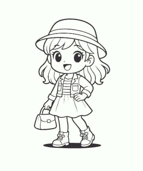 Ausmalbild Anime Mädchen mit Hut und Handtasche