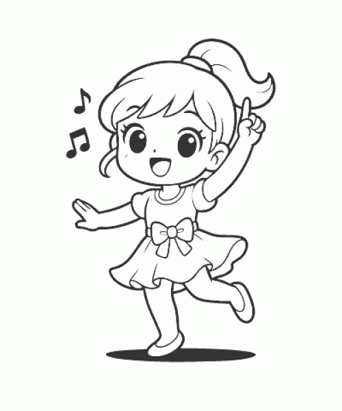 Ausmalbild tanzendes Anime Mädchen mit Musiknoten
