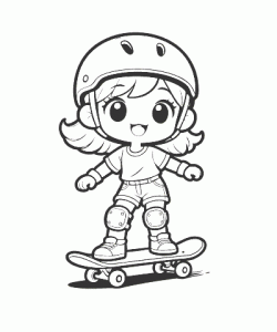 Ausmalbild Anime Mädchen mit Skateboard und Helm