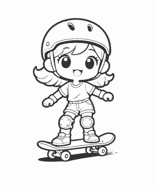 Ausmalbild Anime Mädchen mit Skateboard und Helm