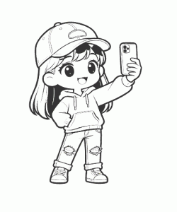 Ausmalbild Anime Mädchen mit Smartphone Selfie