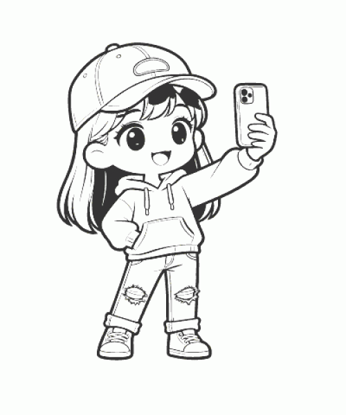 Ausmalbild Anime Mädchen mit Smartphone Selfie