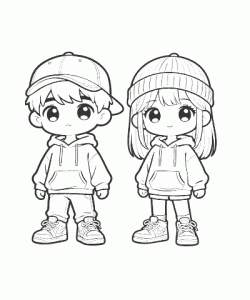 Ausmalbild Anime Kinder mit Hoodie Kleidung