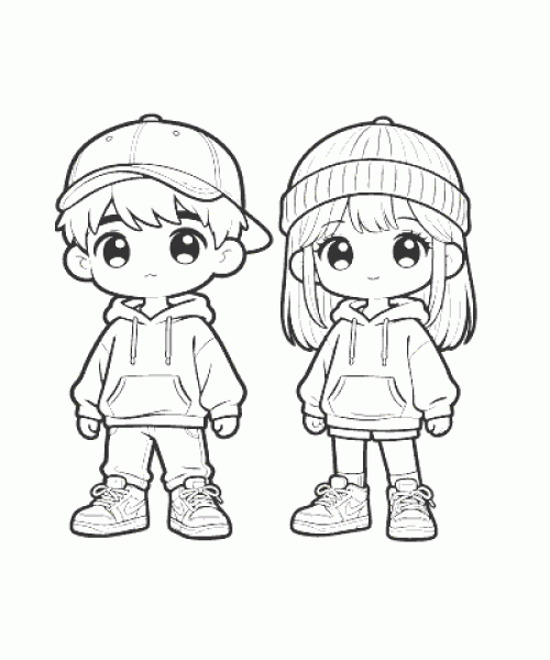 Ausmalbild Anime Kinder mit Hoodie Kleidung