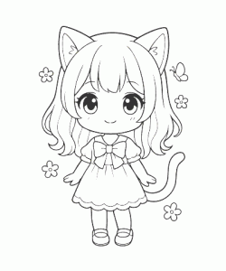 Ausmalbild Anime Mädchen mit Katzenohren und Schwanz