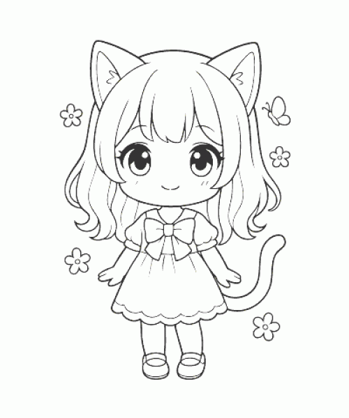 Ausmalbild Anime Mädchen mit Katzenohren und Schwanz