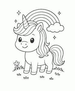 Ausmalbild Einhorn mit Regenbogen und Sternen