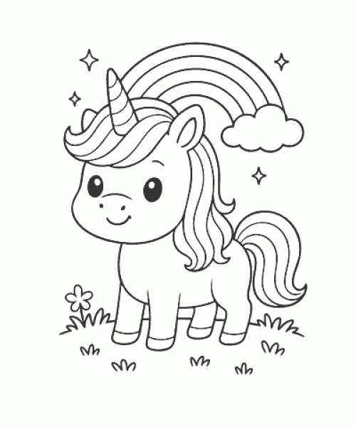 Ausmalbild Einhorn mit Regenbogen und Sternen