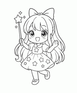 Ausmalbild Anime Fee mit Zauberstab und Sternen