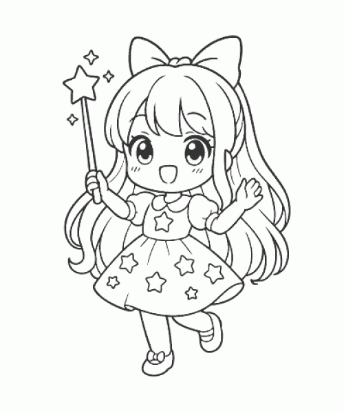 Ausmalbild Anime Fee mit Zauberstab und Sternen