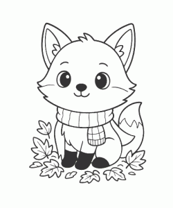 Ausmalbild niedlicher Fuchs mit Schal und Blättern