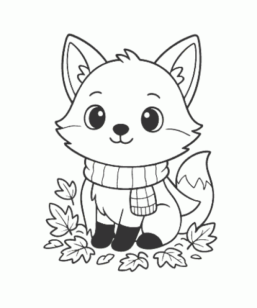 Ausmalbild niedlicher Fuchs mit Schal und Blättern