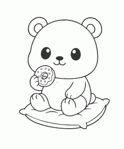 Ausmalbild niedlicher Bär mit Donut auf Kissen