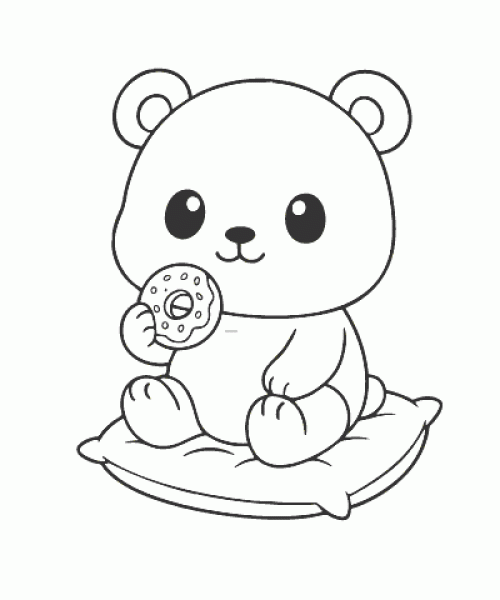 Ausmalbild niedlicher Bär mit Donut auf Kissen