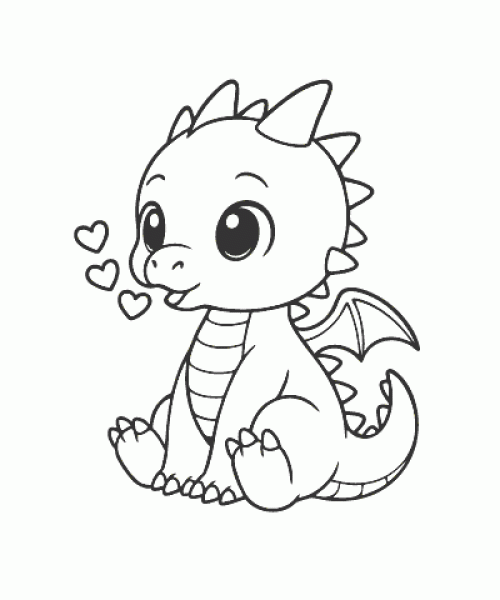 Ausmalbild niedlicher Drache mit Flügeln und Herzen