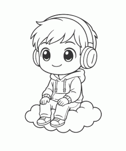 Ausmalbild Anime Junge mit Kopfhörern auf Wolke