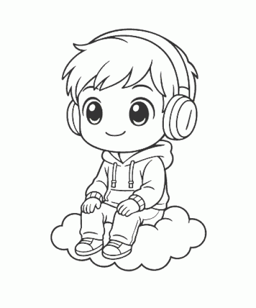 Ausmalbild Anime Junge mit Kopfhörern auf Wolke