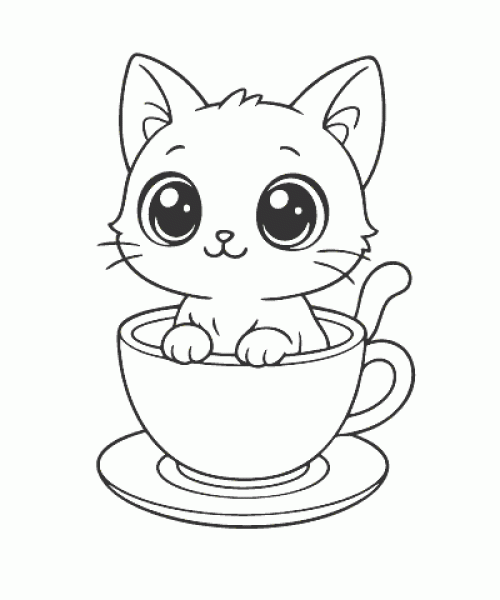 Ausmalbild niedliche Katze in großer Tasse