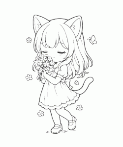 Ausmalbild Anime Mädchen mit Blumenstrauß und Katzenohren