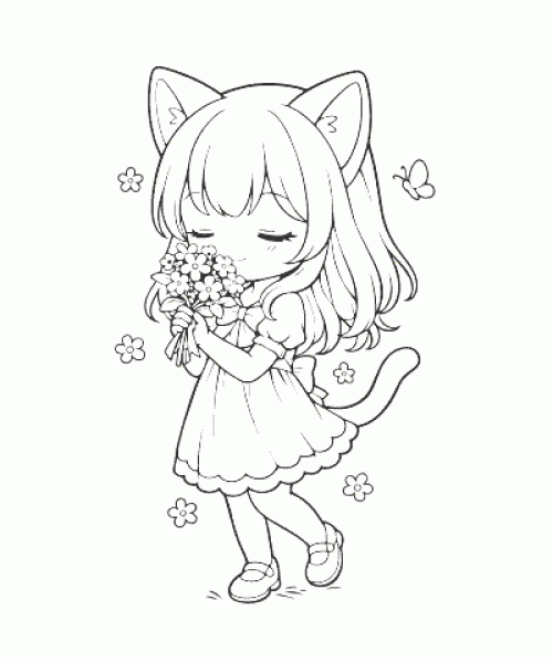 Ausmalbild Anime Mädchen mit Blumenstrauß und Katzenohren